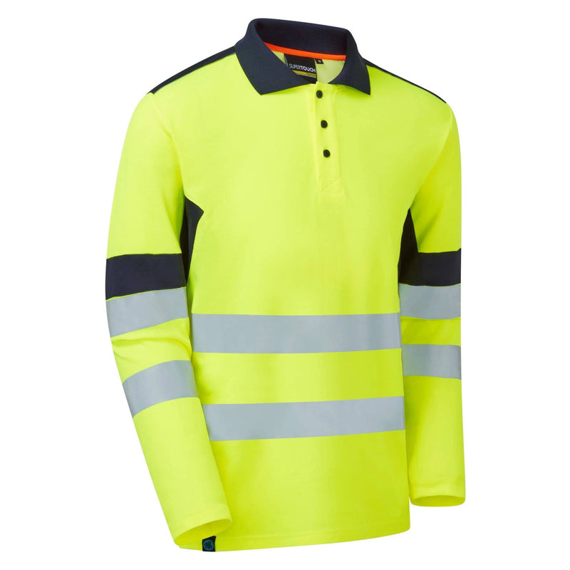 Supertouch System Hi-Vis Eco CottonCool Long Sleeve Polo Shirt - Yellow/Navy